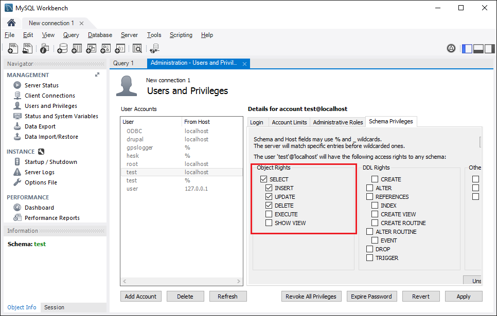 Экспорт данных в MySQL. Права пользователя